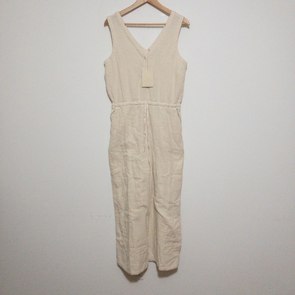 Garnet‎ Hill Jumpsuit Womens Size 10 Beige Organic Cotton Gauze Sleeveless New